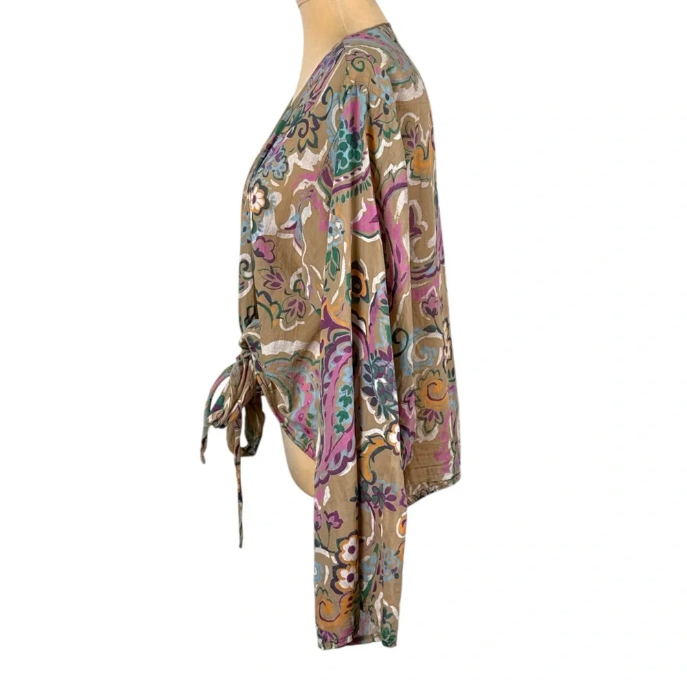 Venti6 Spring Floral Print Tie-Front Top Beige Multi Size M